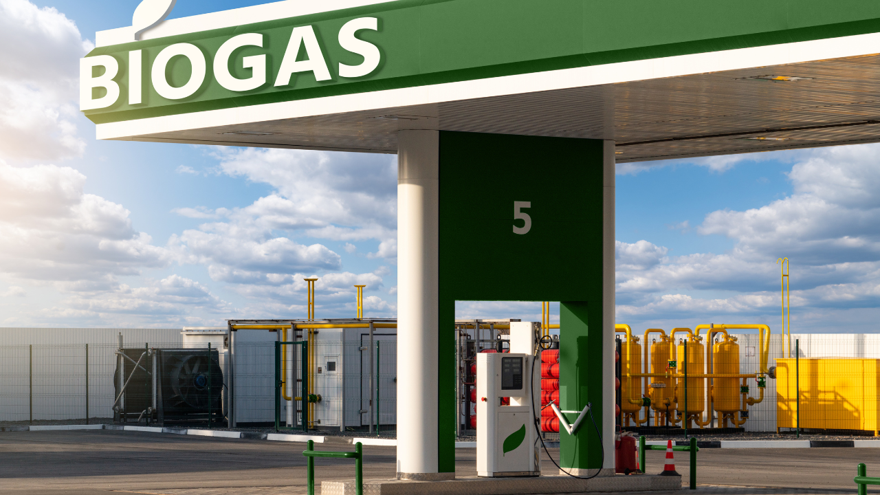 A modern fueling station prominently labeled biogas reflects the country’s infrastructure for clean energy alternatives.