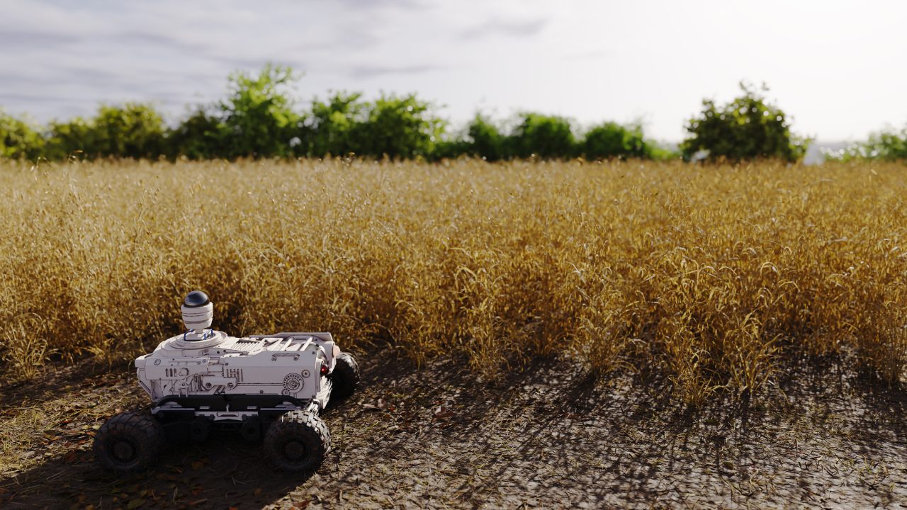 Un robot autónomo recorre un campo sembrado, simbolizando la innovación tecnológica en energías limpias como la Aerotermia en el agro argentino.