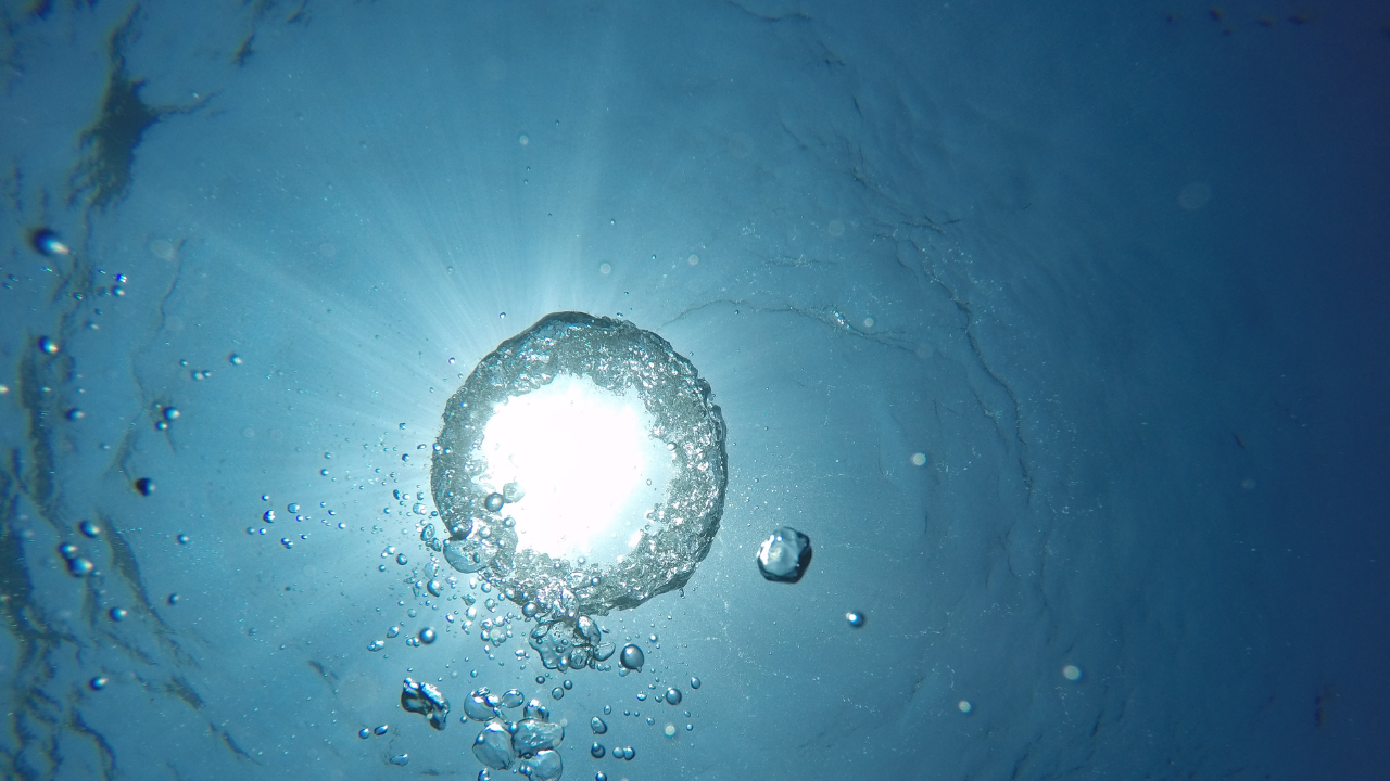 La luz del sol atraviesa el agua en esta escena subacuática, mostrando la belleza natural que rodea al sistema microhidro.